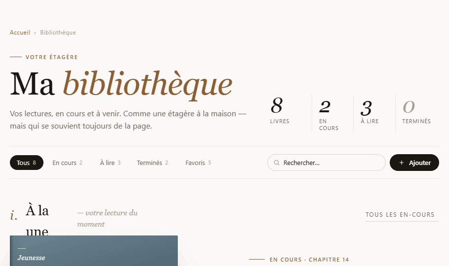 Capture de la bibliothèque Zkriva : grille de couvertures, filtres par genre.