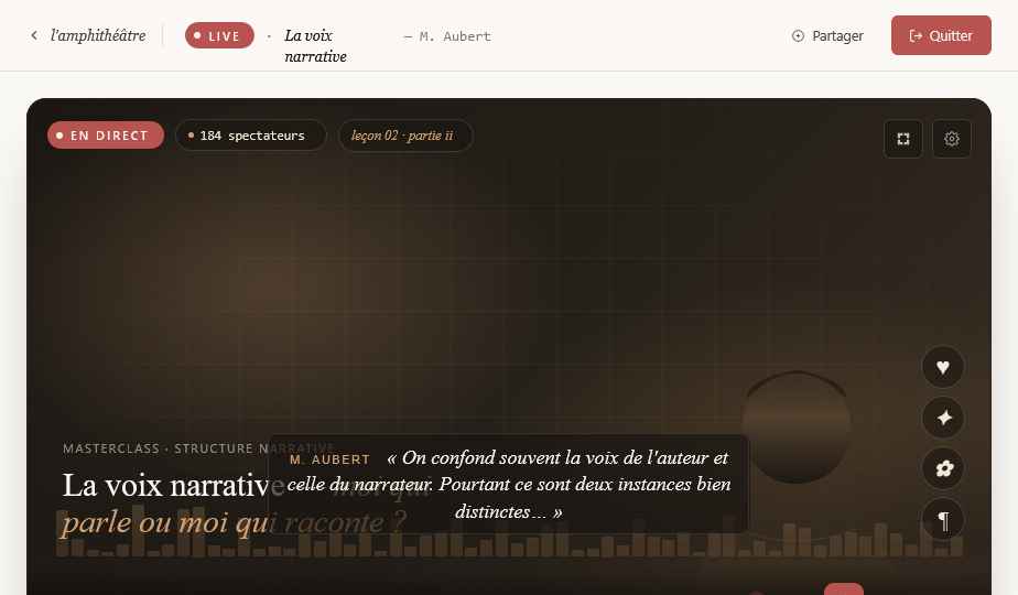Capture d'un cours d'écriture en direct sur Zkriva : intervenant en scène, agenda du jour et chat live.